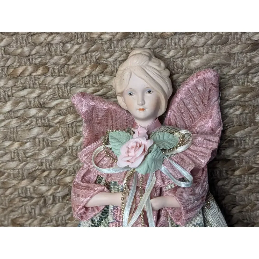 Vintage Pink Floral Christmas Angel Tree Topper Porcelain Beaded Holiday Decor